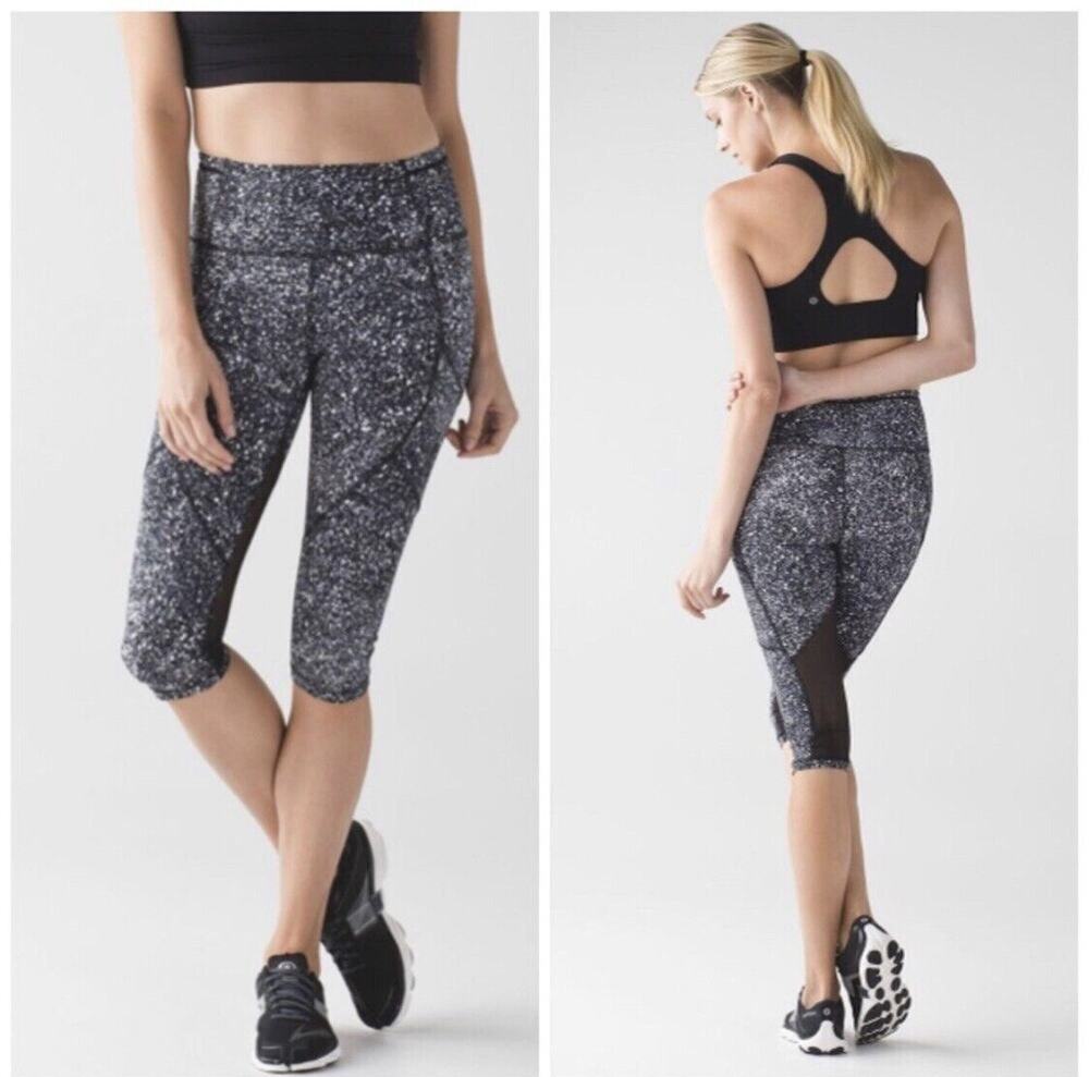 LULULEMON Outrun Cropped 17” Leggings Black White Dot Mesh Panel Size 4